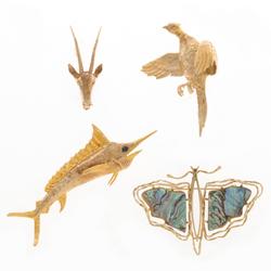 Four whimsical 14K gold animal form pins: a marlin (3 inches long), a butterfly, a pheasant and an antelope will be sold as one lot (est.  $700-$900).  