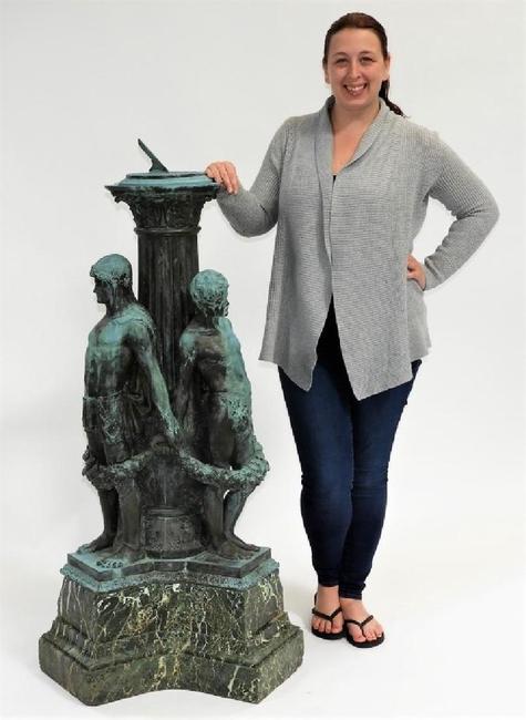 Neoclassical bronze sundial sculpture by Anna Coleman Ladd (Am., 1878-1939), depicting three male figures holding laurel garland, signed and dated 1910 (est.  $10,000-$15,000).