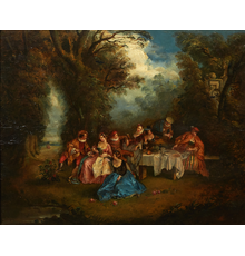 Unsigned 18th century oil on board painted in the manner of Antoine Watteau (French, 1684-1721), titled Fete Galante Picnic, 17 ½ inches tall by 21 ¼ inches wide (estimate: 3,000-$5,000).