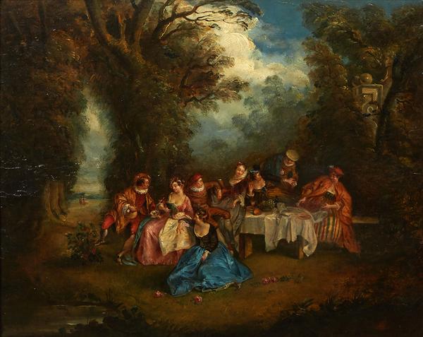 Unsigned 18th century oil on board painted in the manner of Antoine Watteau (French, 1684-1721), titled Fete Galante Picnic, 17 ½ inches tall by 21 ¼ inches wide (estimate: 3,000-$5,000).