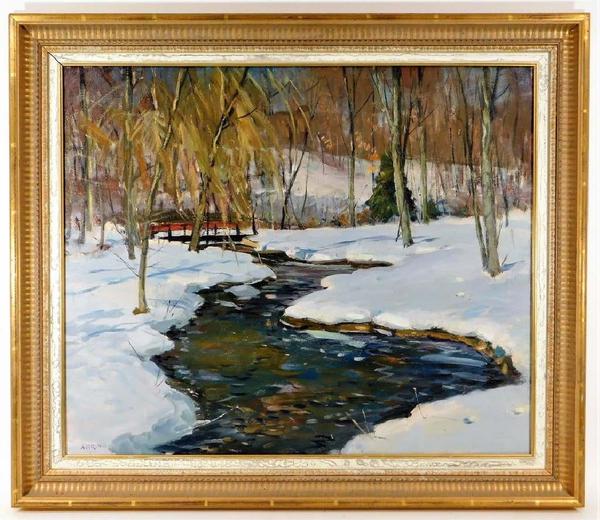 Impressionist winter landscape painting signed by Antonio Cirino (R.I./Italy, 1889-1983), of a meandering stream through a snow-capped forest, with a small bridge ($2,812).  