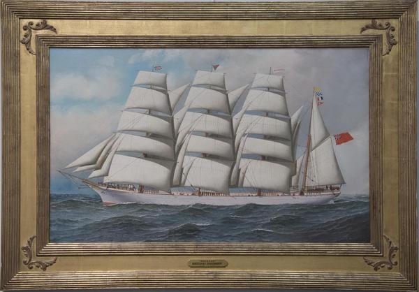 Oil on canvas portrait of the ship Benares by the renowned marine artist Antonio Jacobsen (1850-1921), 22 inches by 36 inches.