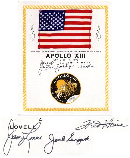 United States flag flown aboard the Apollo XIII space mission in 1970, with a NASA certificate signed by all three astronaut crew members (est.  $18,000-$20,000).