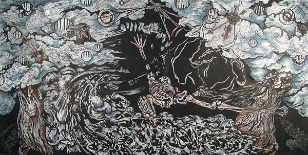 Kristin Casaletto (American, b.  1967), "Apocalypse," 2008.  Woodcut and watercolor on paper, 48 x 96 inches.  Collection of the artist.  