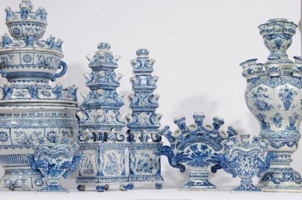 Blue and white Delft flower vases from Aronson Antiquairs.