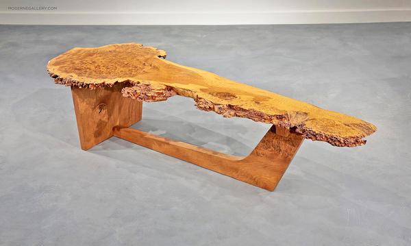 RARE ENGLISH OAK BURL SLED-BASED COFFEE TABLE, 1982.  VERY RARE SLED-BASED COFFEE TABLE WITH SPECTACULAR AND UNCOMMON ENGLISH OAK BURL TOP AND BASE, 1982.  62" WIDE X 21" DEEP X 14" HIGH 