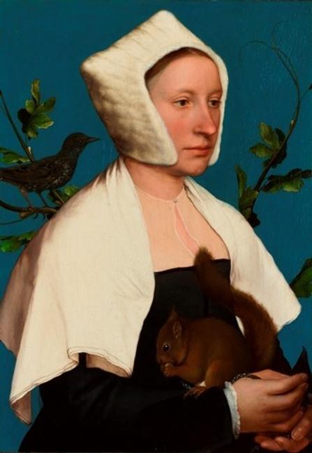 Hans Holbein the Younger (c.  1497-1543), A Lady with a Squirrel and a Starling (Anne Lovell?), c.  1526-8 Oil on oak, 56 x 38.8 cm, loaned by the National Gallery, 