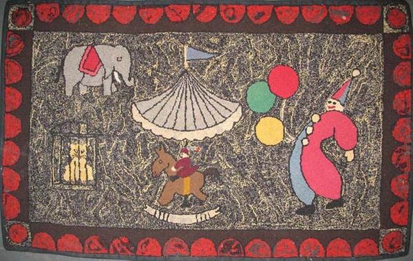 CIRCUS HOOKED RUG with a clowns and animals, c.  1940s.  wool