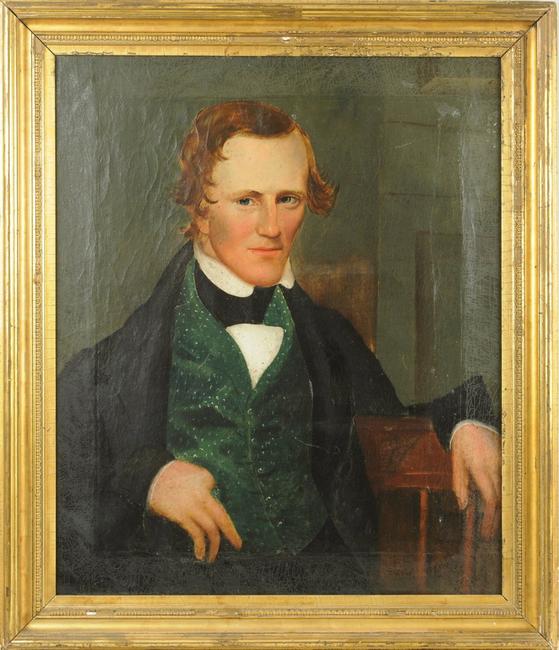 A recently discovered oil on canvas folk art portrait of a gentleman, signed on the back "Painted by A.L.  Powers" with illegible date, for Asahel Lynde Powers (1813 - 1843) , the frame size 34" high, 29 1/2" wide.