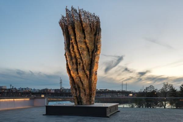 Bronze Bowl with Lace, Production: 2013-14 Date of casting: 2015, by Ursula von Rydingsvard.  Bronze 19.6 x 9.4 x 10 feet.  Edition of 3.  Installation view: Anne d'Harnoncourt Sculpture Garden, Philadelphia Museum of Art.  © Ursula von Rydingsvard Courtesy Galerie Lelong & Co.  Image courtesy of Philadelphia Museum of Art, 2018.  Photo by Tim Tiebout.