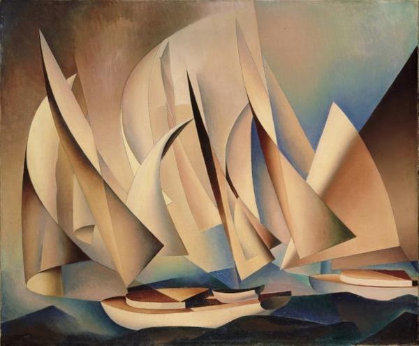 Pertaining to Yachts and Yachting, 1922, by Charles Sheeler, American, 1883 - 1965.  Oil on canvas, 20 x 24 1/16 inches.  Philadelphia Museum of Art: Bequest of Margaretta S.  Hinchman, 1955-96-9.