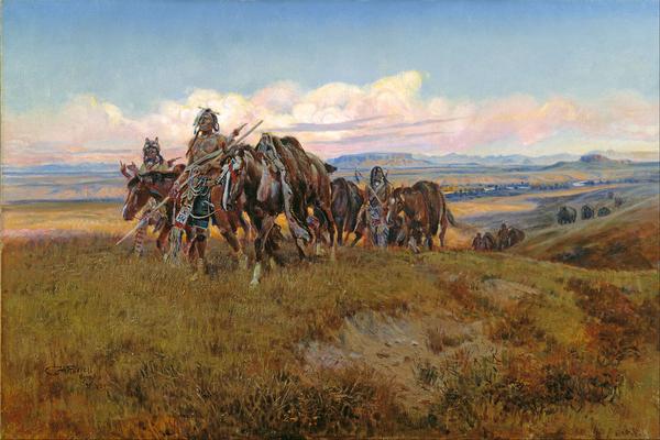 Charles Marion Russell, In the Enemy’s Country, 1921.  Oil on canvas; 40 x 51 1/2 inches.  Denver Art Museum, Gift of the Magness Family in memory of Betsy Magness.  1991.751