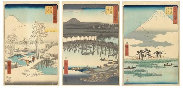 Hiroshige.  Numazu (left), Nihonbashi (center), Yoshiwara (right).  53 Stations of the Tokaido.  Woodblock print.  1855.