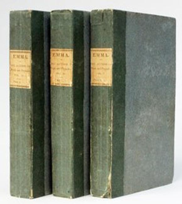 A first edition in three volumes of Jane Austen’s EMMA, London: John Murray.  1816, offered by Lucius Books