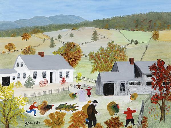 Anna Mary Robertson “Grandma” Moses (1860-1961) Catchin’ The Turkey, 1955 Oil on pressed wood, 12 x 16 inches Collection of Bennington Museum Copyright © 2017, Grandma Moses Properties Co., New York.  Part of "Grandma Moses: American Modern" at the Bennington Museum, July 1-Nov.  1, 2017.