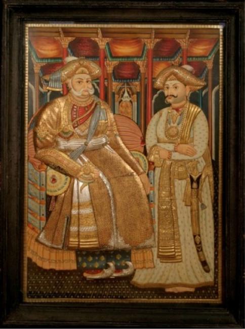 Indian artist, mid-19th century Maharaja Serfoji II of Tanjavur and his son Shivaji II, Tanjavur, Tamil Nadu, India Wood, lime plaster, water-base paint, gold leaf, glass 57 x 42 1/2 x 5 1/2 inches (144.78 x 107.95 x 13.97 cm) Peabody Essex Museum, Museum purchase, 2006.  E303395