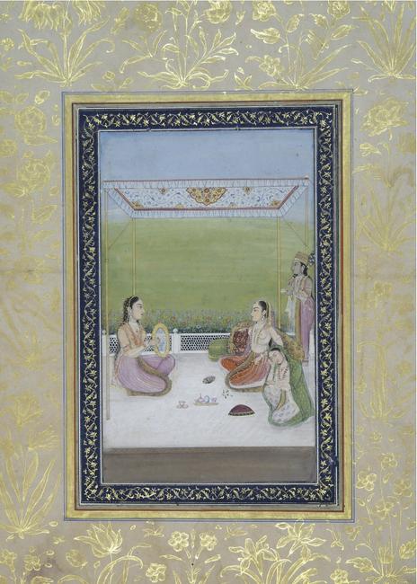 Women on a Terrace, Vilavail ragini from a Ragamala series, Mughal, Lucknow, India ca.1770-80.  