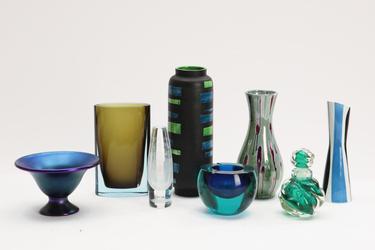 Group of art glass and pottery articles comprising three earthenware vases, glass ashtray, glass scent bottle with stopper, two vases and pedestal bowl, to be sold as separate lots.