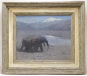 Oil on canvas by Arthur Wardle (U.K., 1864-1949), of two elephants walking side by side beside water in the moonlight, 14 inches by 17 inches (sight) (est.  $1,000-$2,000).