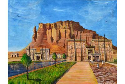 Ashraf Elsharif, Temple at Barkal, Acrylic & Oil on Canvas, 35.5'' x 46''