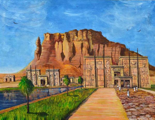 Ashraf Elsharif, Temple at Barkal, Acrylic & Oil on Canvas, 35.5'' x 46''