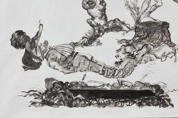 Kara Walker, Detail of U.S.A.  Idioms, 2017.  Sumi ink and collage on paper, 120 x 175 inches (304.8 x 444.5 cm)