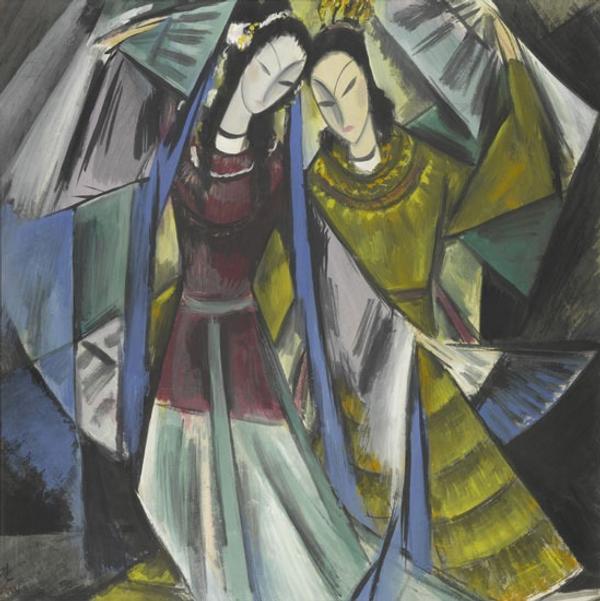 Lin Fengmian (1900-1991) Two Young Ladies with Fans.  Ink and colour on paper.  Dimensions: 66 x 65.5cm.  Woolley & Wallis.