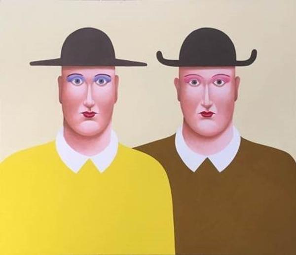 Nicolas Party, Two Men with Hats, 2016, pastel on canvas, courtesy of the artist and The Modern Institute/Toby Webster, Ltd., Glasgow, © Nicolas Party