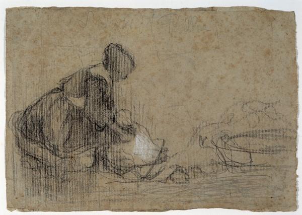 Pierre Puvis de Chavannes (French, 1824–1898), Les Laveuses du Paillon (The Washers of the Paillon), ca.  1854.  Graphite, charcoal and white chalk on tan paper.  Georgia Museum of Art, University of Georgia; Extended loan from the collection of Giuliano Ceseri.  GMOA 1995.57E