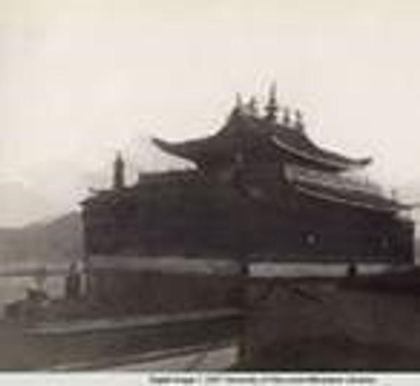 Tashilhunpo Monastery from the south; Gobonjab Tsybikoff; Tibet; 1900-1901; Reproduction print of original black and white album photograph; From the American Geographical Society Library, University of Wisconsin-Milwaukee Libraries; Digital Photo Archive, PC 40C 38