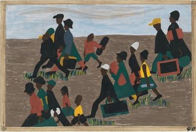 Jacob Lawrence.  The Migration Series.  1940-41.  Panel 40: “The migrants arrived in great numbers.” Casein tempera on hardboard, 18 x 12″ (45.7 x 30.5 cm).  The Museum of Modern Art, New York.  Gift of Mrs.  David M.  Levy.  © 2015 The Jacob and Gwendolyn Knight Lawrence Foundation, Seattle / Artists Rights Society (ARS), New York.  Digital image © The Museum of Modern Art/Licensed by SCALA / Art Resource, NY 