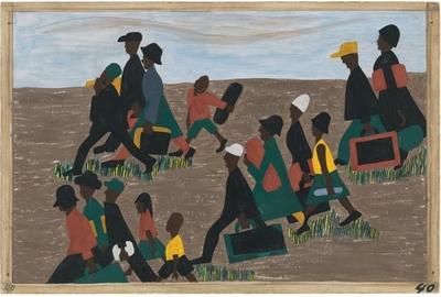 Jacob Lawrence.  The Migration Series.  1940-41.  Panel 40: “The migrants arrived in great numbers.” Casein tempera on hardboard, 18 x 12″ (45.7 x 30.5 cm).  The Museum of Modern Art, New York.  Gift of Mrs.  David M.  Levy.  © 2015 The Jacob and Gwendolyn Knight Lawrence Foundation, Seattle / Artists Rights Society (ARS), New York.  Digital image © The Museum of Modern Art/Licensed by SCALA / Art Resource, NY 