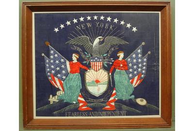 New York State Seal, "Fearless and Independent," a fine pristine Japanese export silkwork picture, c.  1890.  