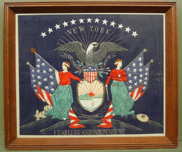 New York State Seal, "Fearless and Independent," a fine pristine Japanese export silkwork picture, c.  1890.  