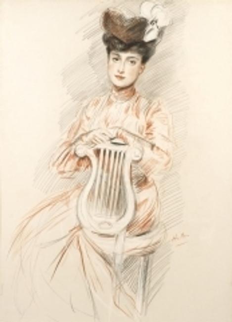 Élégante á la chaise lyre’ by Paul Cesar Helleu, crayon on paper.