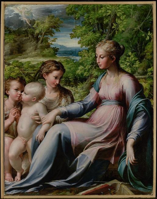 Virgin with Child, St.  John the Baptist, and Mary Magdalene (about 1530-40).  Parmigianino (Francesco Mazzola, Italian, 1503-1540).  Oil on paper, laid down on panel, 75.5 x 59.7 cm (29 ½ x 23 ½ in.) Courtesy of Sotheby’s.