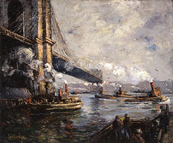 Jonas Lie (American, b.  Norway, 1880–1940), "Bridge and Tugs," 1911–15.  Oil on canvas, 34½ x 41½ inches.  Georgia Museum of Art, University of Georgia; Museum purchase with funds provided by C.  L.  Morehead Jr., GMOA 2001.179.  