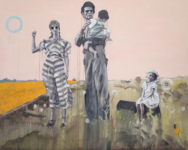 Hung Liu, Not in Kansas, 2016, oil on canvas, 96 x 120 inches.  