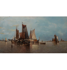 Gorgeous 19th century oil on canvas by Auguste Henri Musin (Belgian, 1852-1923), titled Harbor Scene with Sailboats, signed lower right (est.  $2,000-$4,000).