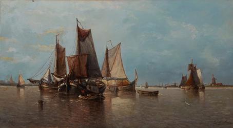 Gorgeous 19th century oil on canvas by Auguste Henri Musin (Belgian, 1852-1923), titled Harbor Scene with Sailboats, signed lower right (est.  $2,000-$4,000).