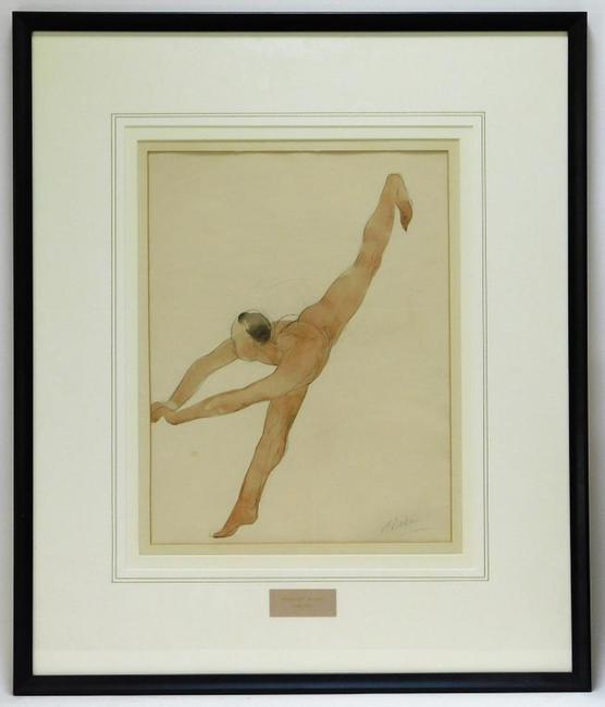 Watercolor nude study by Auguste Rodin (French, 1840-1917), of a woman standing on one foot and leaning forward with her other leg in the air, signed “A.  Rodin” (est.  $10,000-$15,000).  