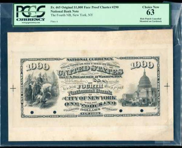 This exceedingly rare proof of an original series $1,000 face charter #290 U.S.  National Bank Note fetched $96,050.