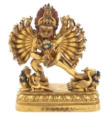 Chinese Gilt-Bronze Figure of Vajrabhairava and Vajra Vetali, Qianlong Six-Character Mark on Base, Height 7 1/2 inches.  Est.  $20,000-30,000 