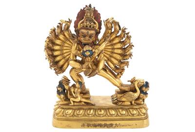 Chinese Gilt-Bronze Figure of Vajrabhairava and Vajra Vetali, Qianlong Six-Character Mark on Base, Height 7 1/2 inches.  Est.  $20,000-30,000 