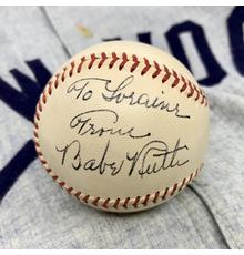 Baseball signed by Babe Ruth on Aug.  15, 1948, the night before he died.  Autograph PSA/DNA authenticated and graded a perfect 10.  Sold for $183,500, subsequently confirmed by PSA as the highest price ever paid for a single-signature baseball.  Grey Flannel Auctions image