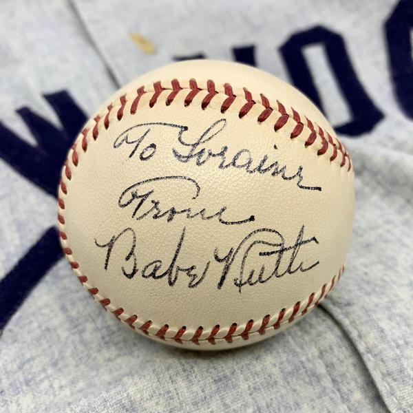 Baseball signed by Babe Ruth on Aug.  15, 1948, the night before he died.  Autograph PSA/DNA authenticated and graded a perfect 10.  Sold for $183,500, subsequently confirmed by PSA as the highest price ever paid for a single-signature baseball.  Grey Flannel Auctions image