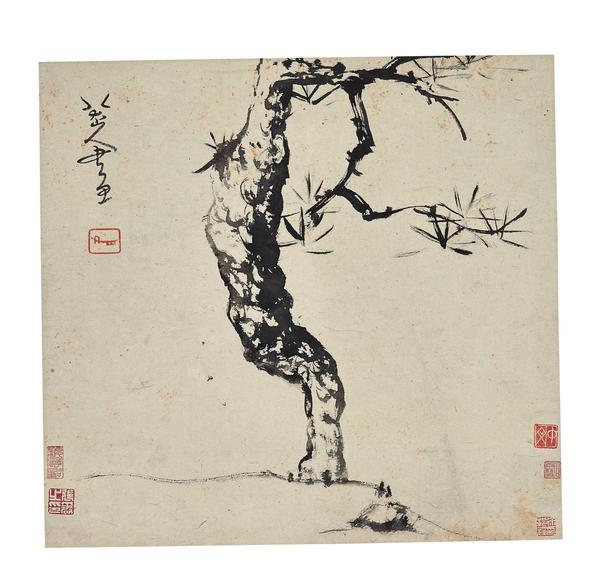 BADA SHANREN (1626-1705) Pine Tree Hanging scroll, ink on paper Signed by the artist, with one seal Five collectors’ seals, including one of Zhang Daqian (1899-1983), one of Xu Bangda (1911-2012) and one of Hui Xiaotong (1902-1979) Estimate: $40,000-50,000 