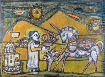 Ink, watercolor and silver leaf on paper painting by the Indian artist Badri Narayan (1929-2013), titled Man with Pot of Flowers and Unicorn, 21 ¾ inches by 29 inches (est.  $5,000-$8,000).