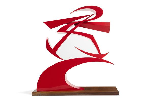 Red lacquer and cellulose nitrate on brass sculpture by Giacomo Balla (Italian, 1871–1958), titled Linee di forza del pugno di Boccioni II (1968), numbered 5/9 (est.  $50,000-$70,000).