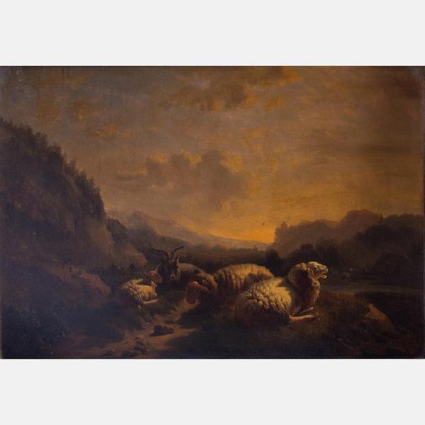 Original oil painting by Balthazar Paul Ommeganck (Flemish, 1755-1826), a landscape with sheep, signed and dated 1807, 12.25 inches by 17.75 inches (est.  $2,000-$4,000).